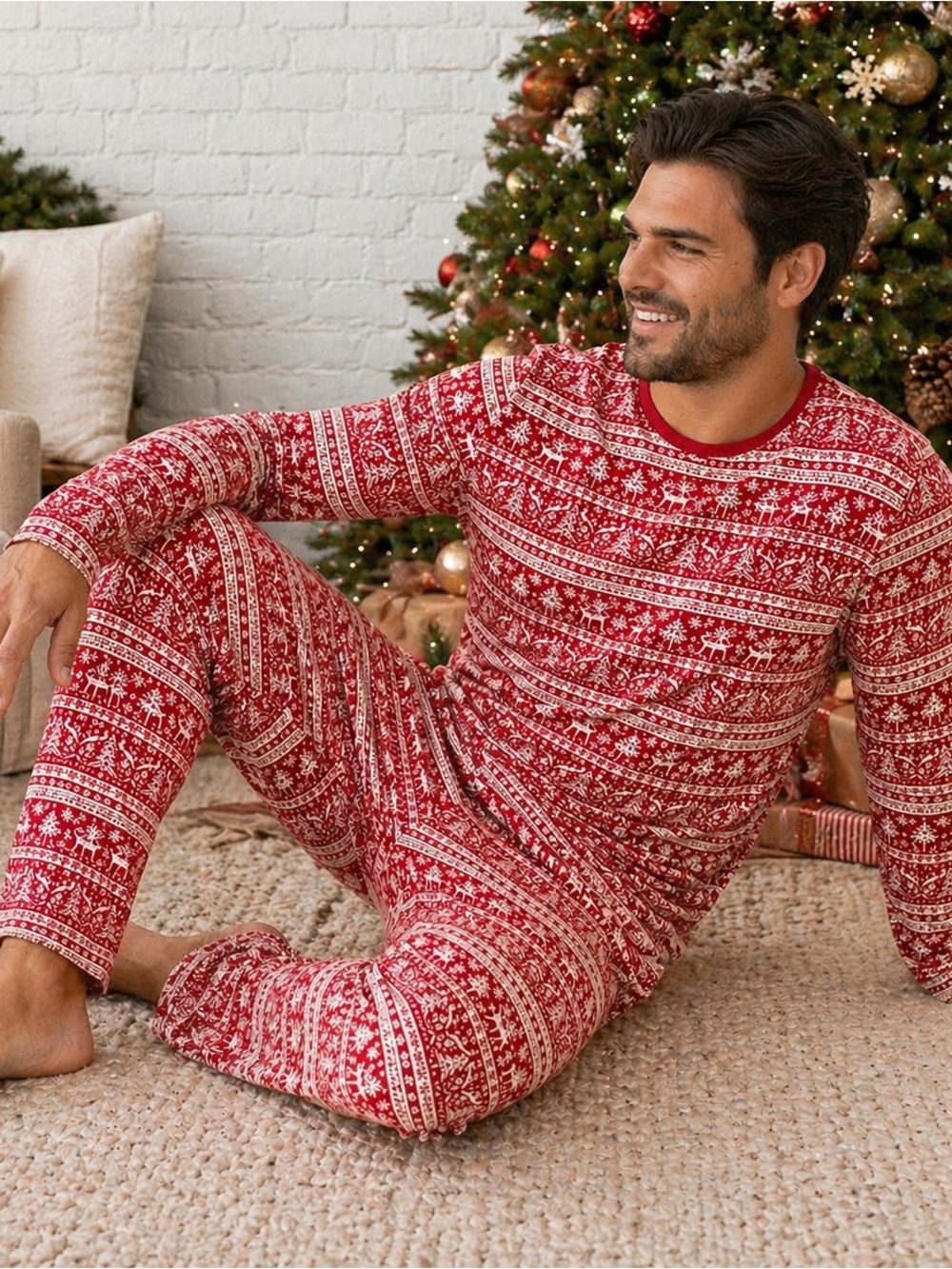 LITTLE SLEEPIES Reindeer Cheer Red and White Fair Isle Bamboo Men’s Pajama Set L